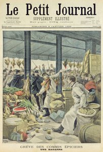 Ruokakauppiaiden lakko, tappelu, Le Petit Journalin nimilehti, 8. tammikuuta 1899 (värikaiverrus)
